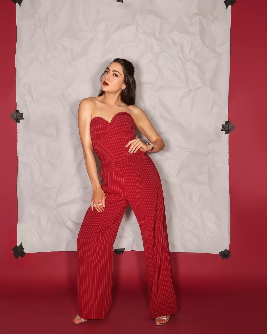 EVE Bustier & Pleated Trousers (Red Pinstripe)