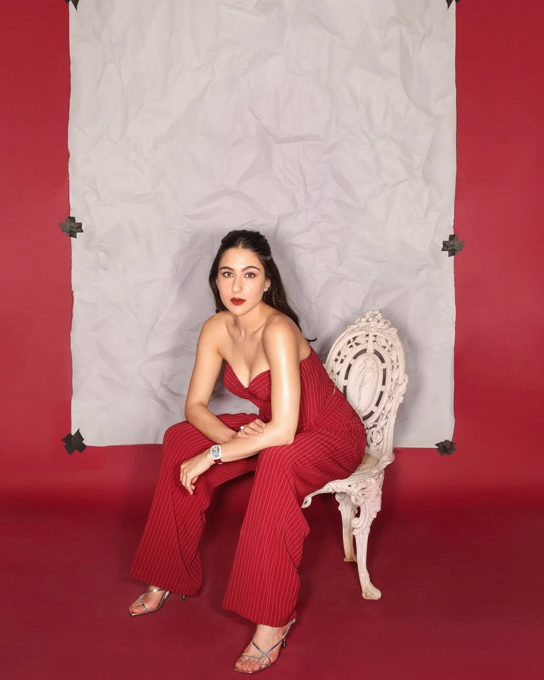 EVE Bustier & Pleated Trousers (Red Pinstripe)