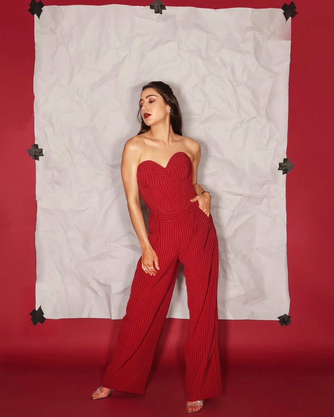 EVE Bustier & Pleated Trousers (Red Pinstripe)