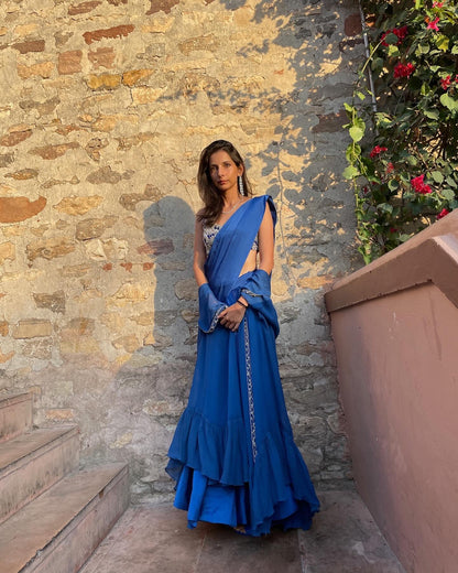 Pre-Draped Sari Set (Royal Blue)
