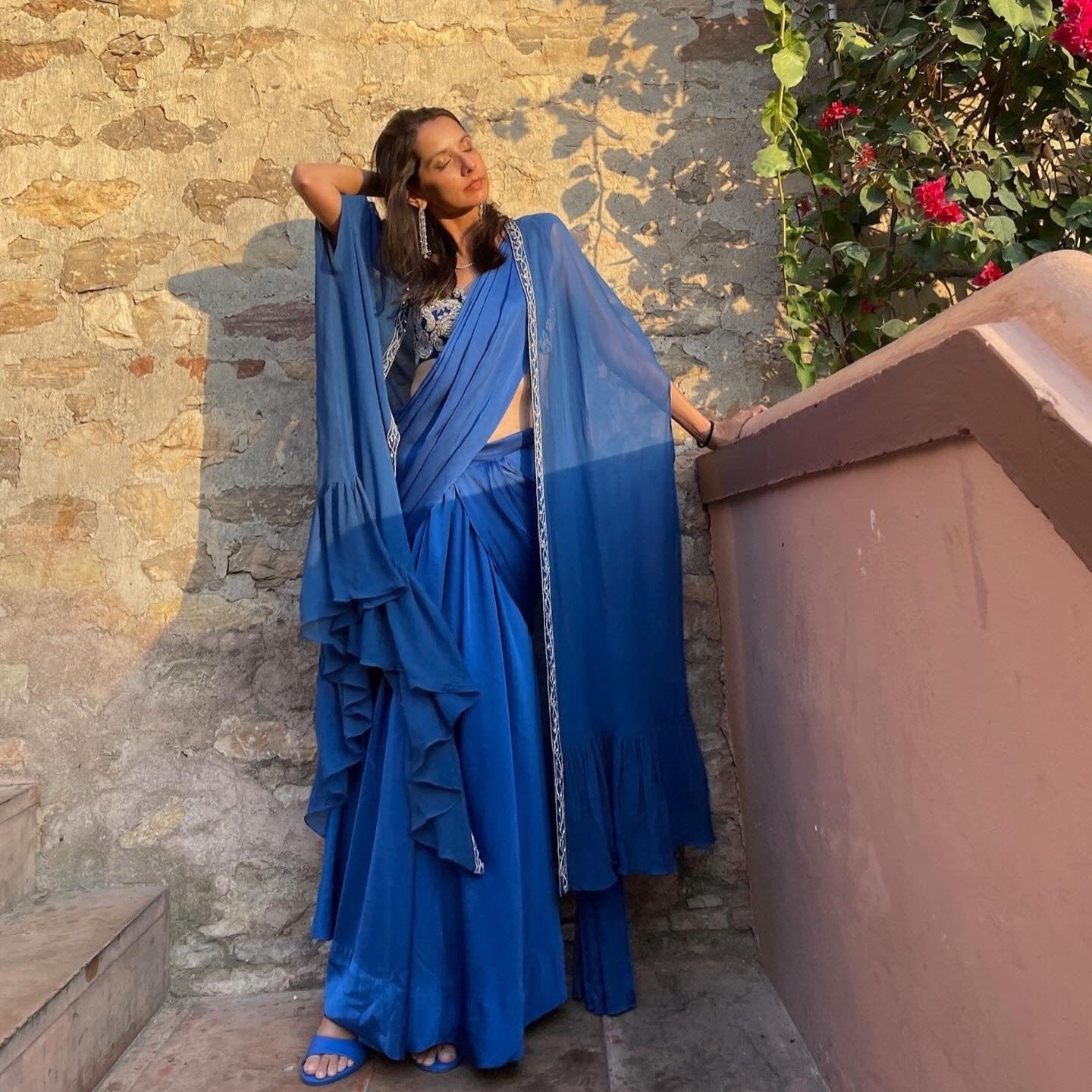 Pre-Draped Sari Set (Royal Blue)