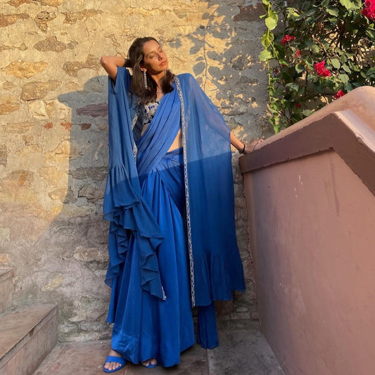 Pre-Draped Sari Set (Royal Blue)