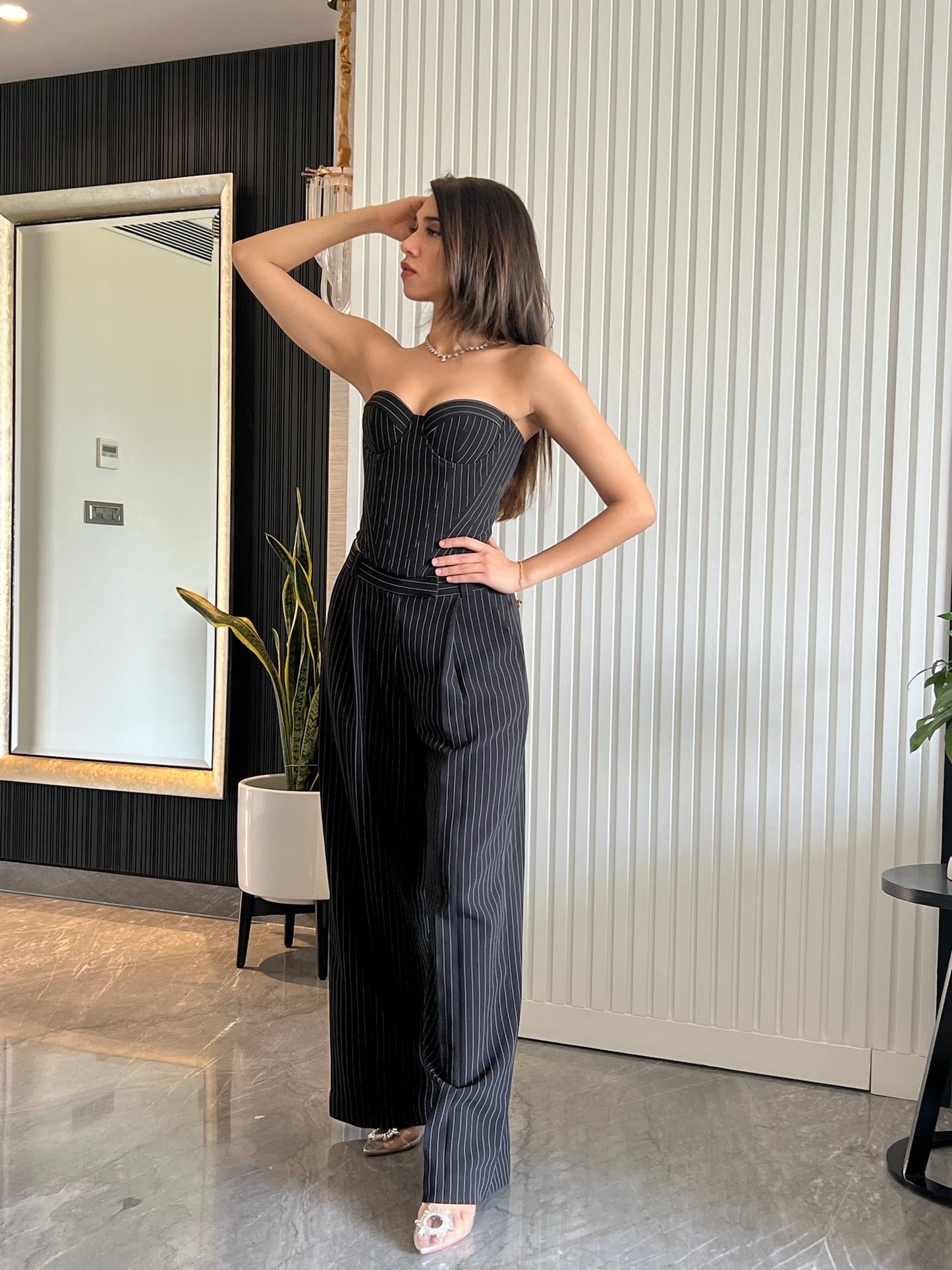 EVE Bustier & Pleated Trousers (Black Pinstripe)