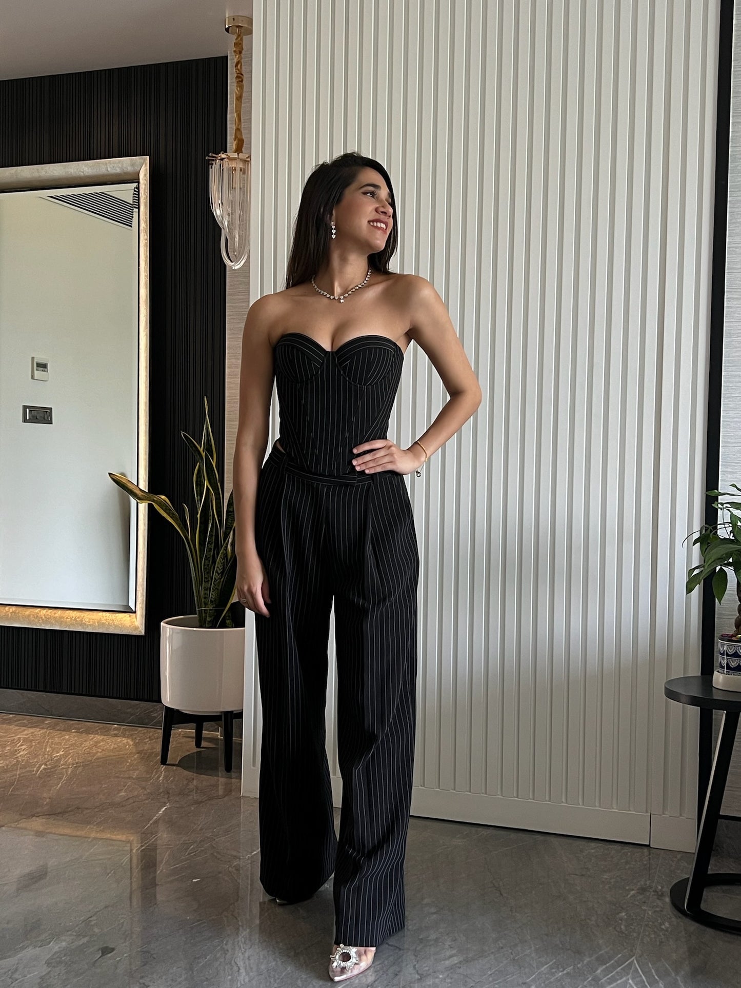 EVE Bustier & Pleated Trousers (Black Pinstripe)