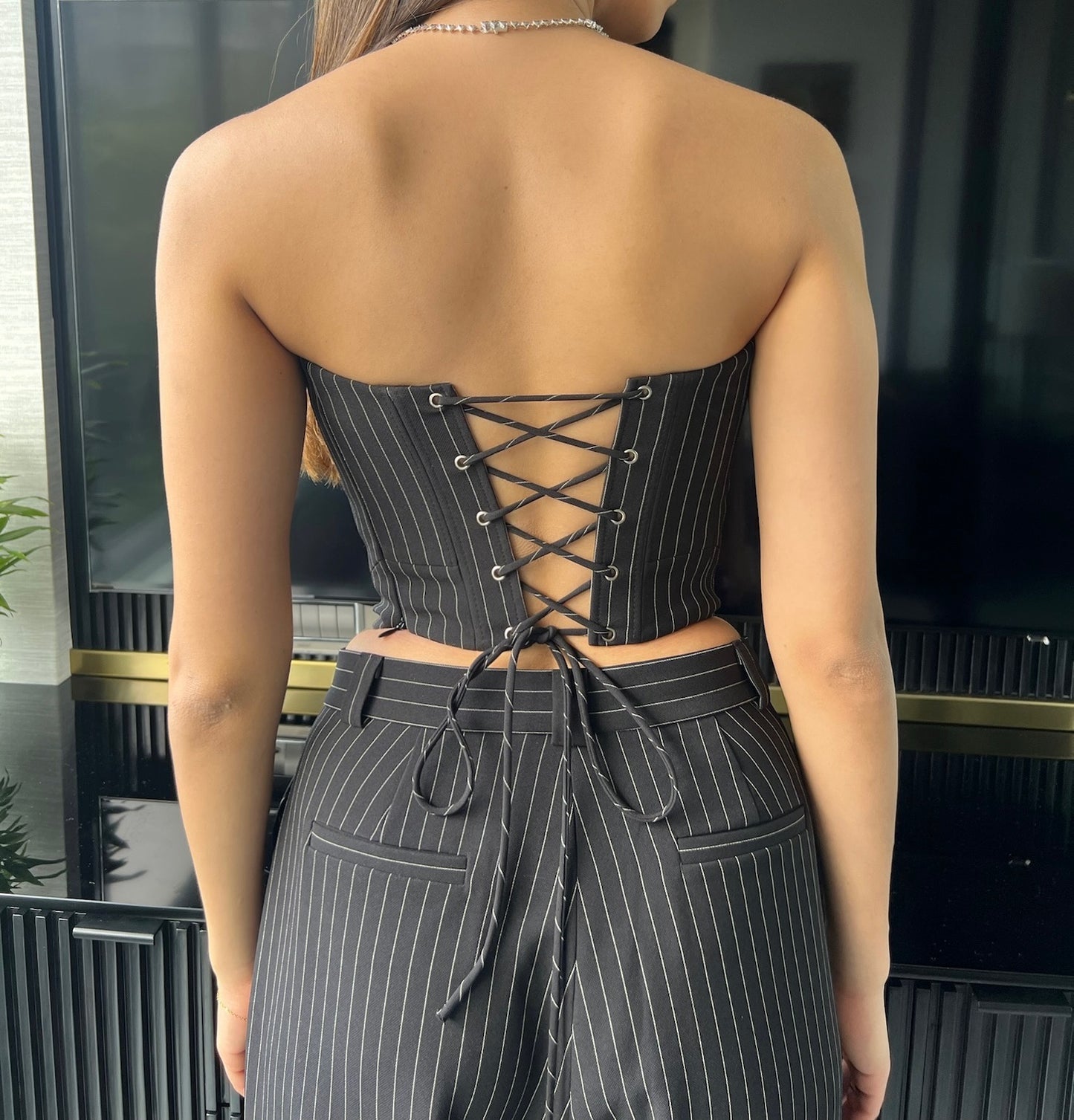 EVE Bustier & Pleated Trousers (Black Pinstripe)