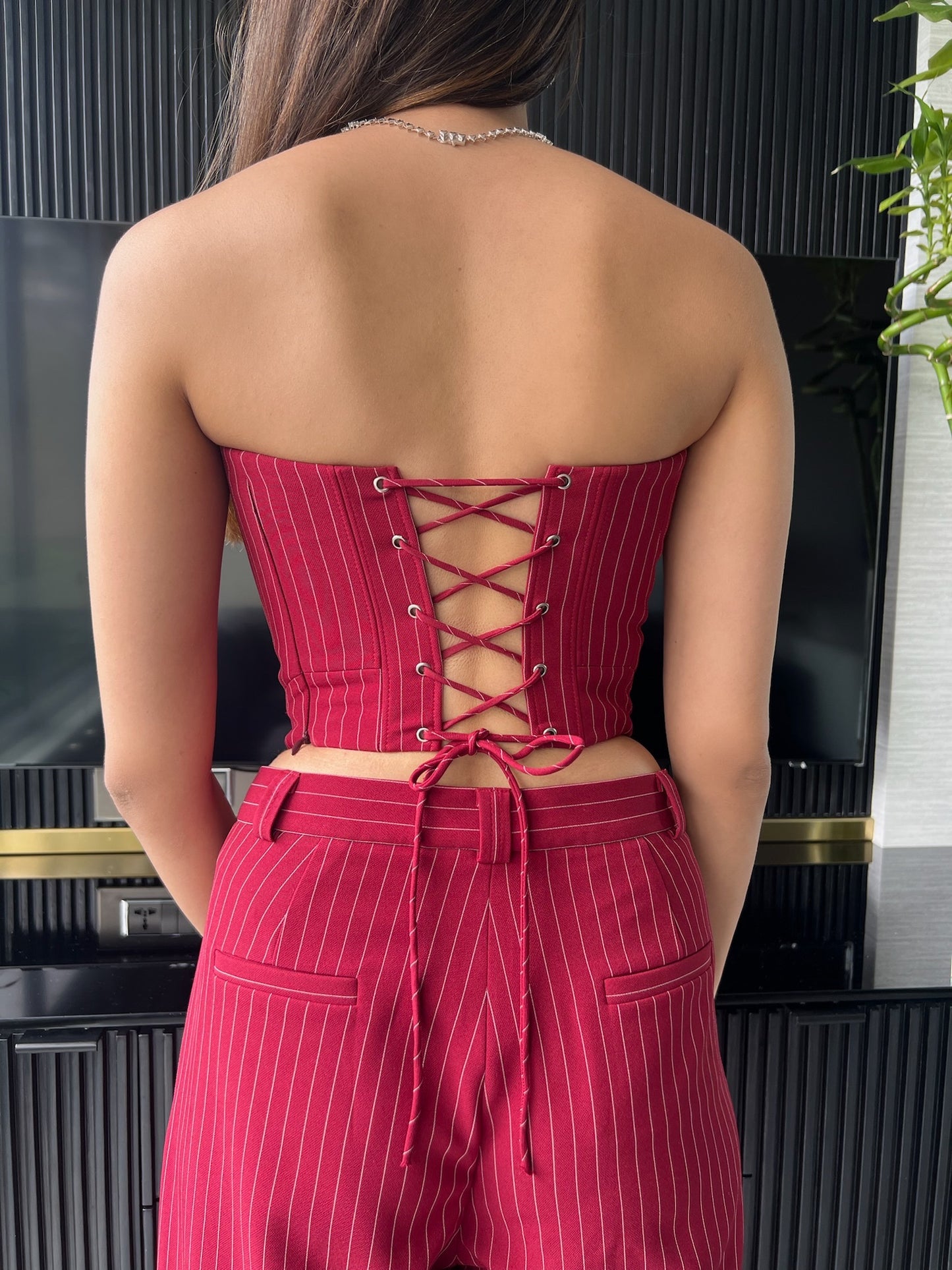 EVE Bustier & Pleated Trousers (Red Pinstripe)