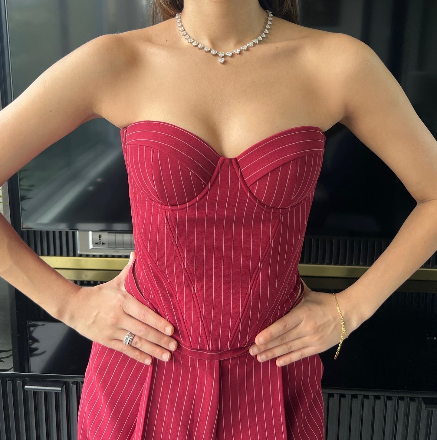 EVE Bustier & Pleated Trousers (Red Pinstripe)